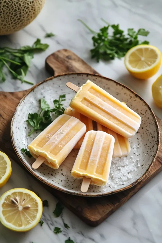 Homemade cantaloupe popsicles in vibrant molds with fresh fruit slices