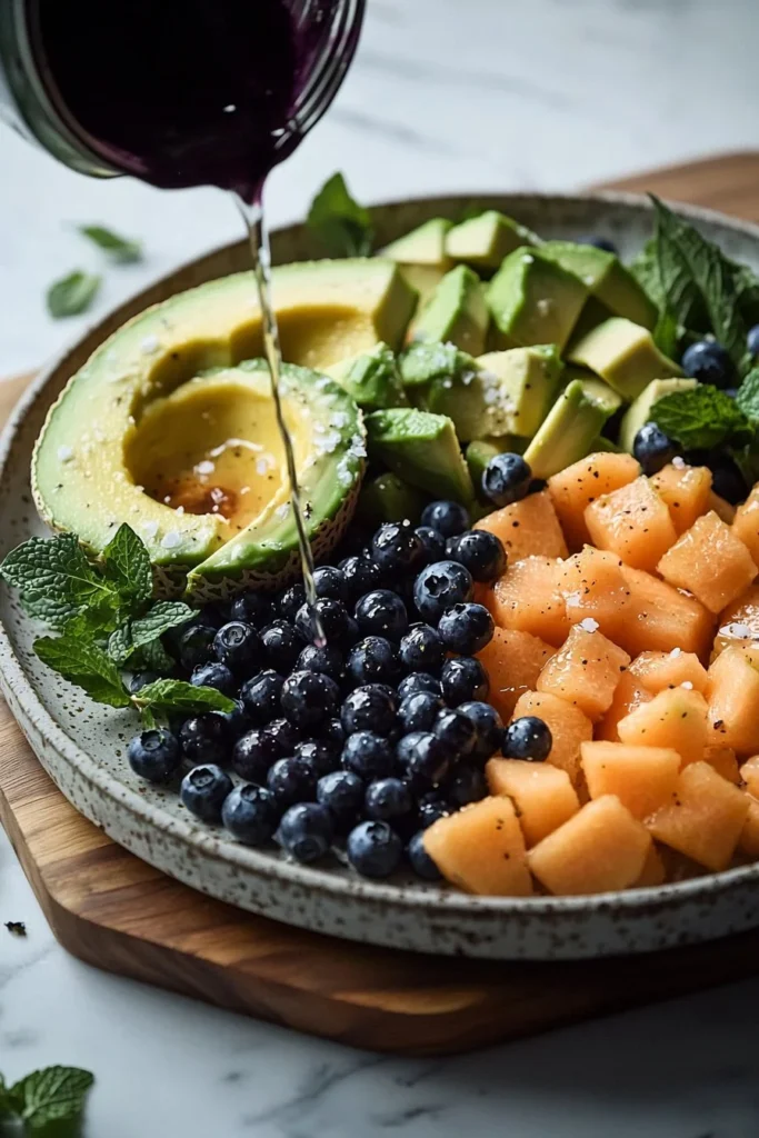 Cantaloupe salad with avocado and blueberries in a colorful bowl