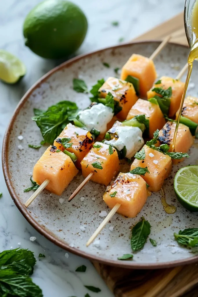 Delicious cantaloupe skewers with mint lime yogurt sauce served on a platter