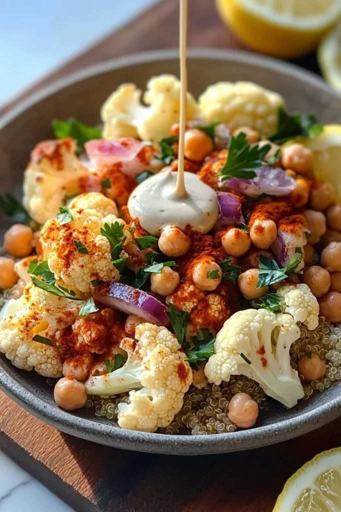 Flavorful cauliflower shawarma bowl with fresh toppings and sauces