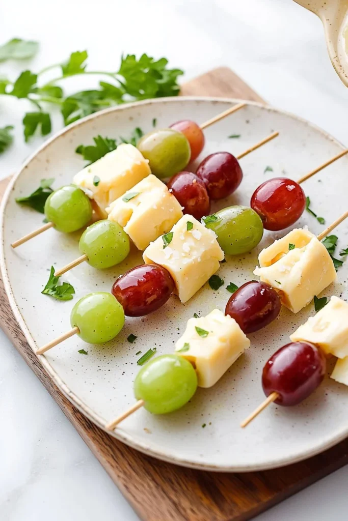 Delicious cheese and grape skewers served on a wooden platter.