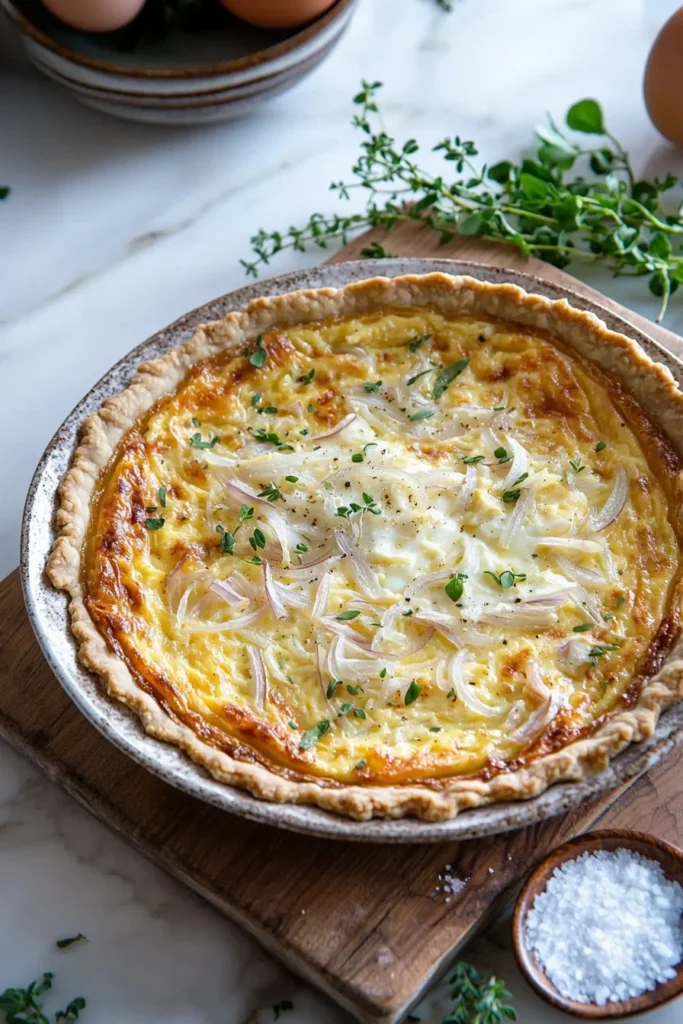 Deliciously baked Cheese and Onion Quiche with golden crust and fillings