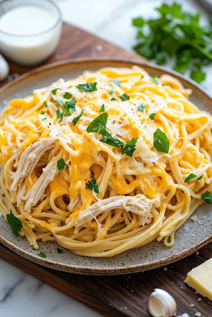 Delicious cheesy chicken pasta in a creamy sauce, topped with herbs.