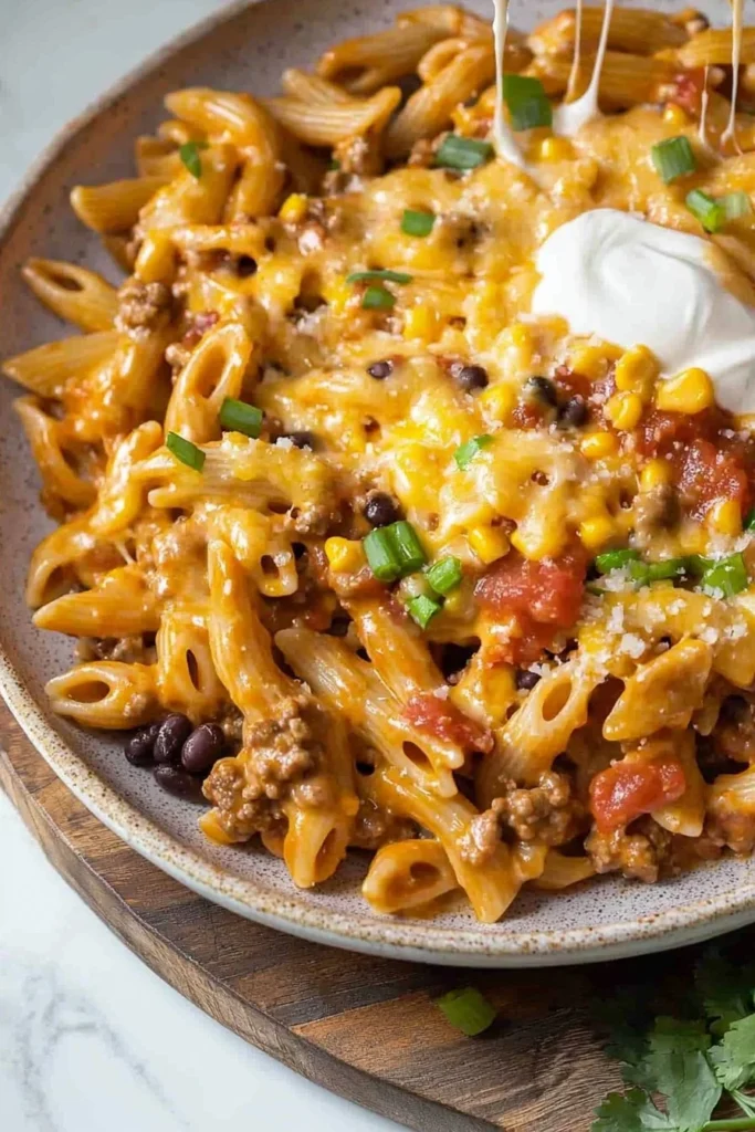 Delicious cheesy taco pasta served in a bowl with toppings