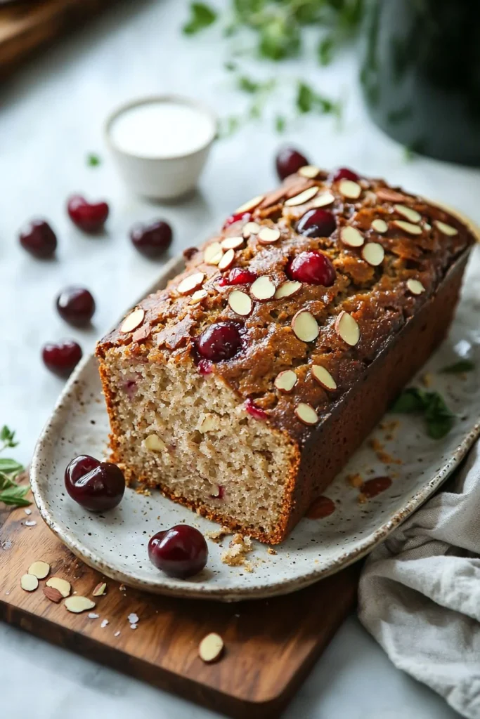 Sliced Cherry Almond Loaf Bread showcasing cherries and almonds in a beautiful loaf.