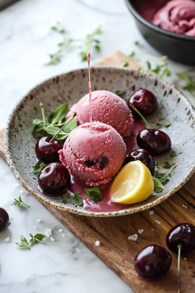 Delicious homemade cherry sorbet served in a bowl with fresh cherries on top.