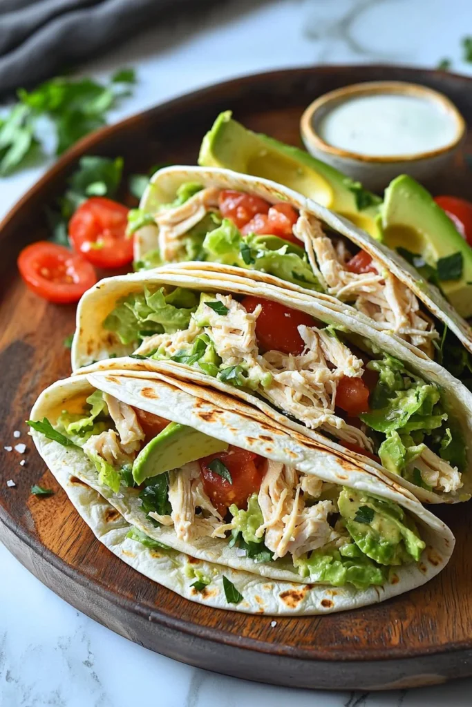 Fresh Chicken Avocado Wraps loaded with veggies and wrapped in a tortilla.