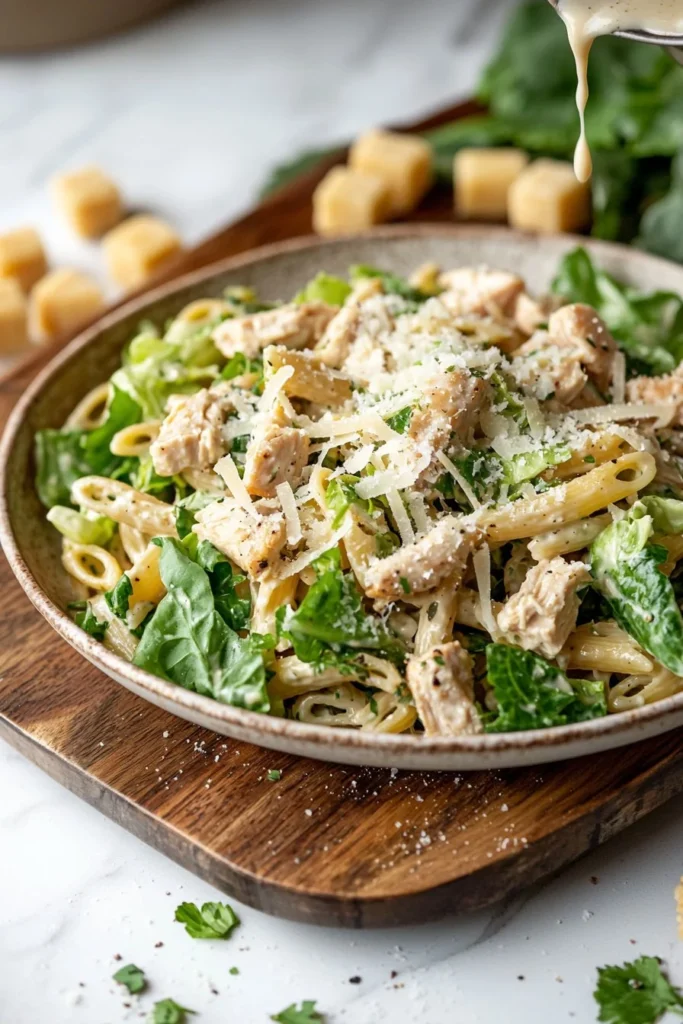 Delicious Chicken Caesar Pasta Salad served in a bowl with fresh ingredients.