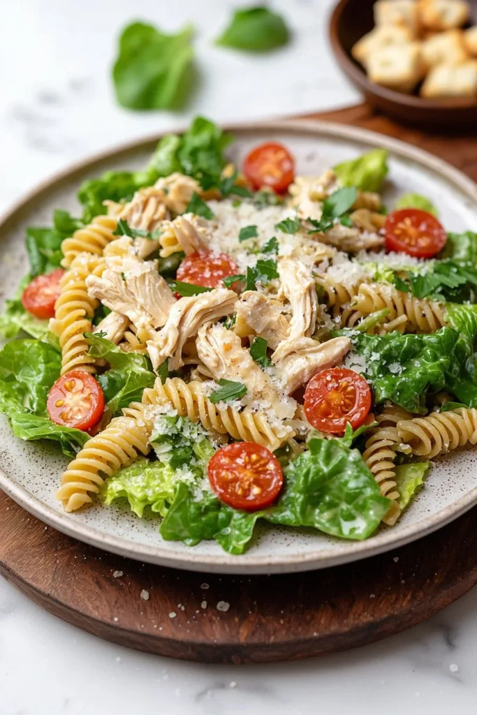 A delicious bowl of Chicken Caesar Pasta Salad with fresh greens and creamy dressing.