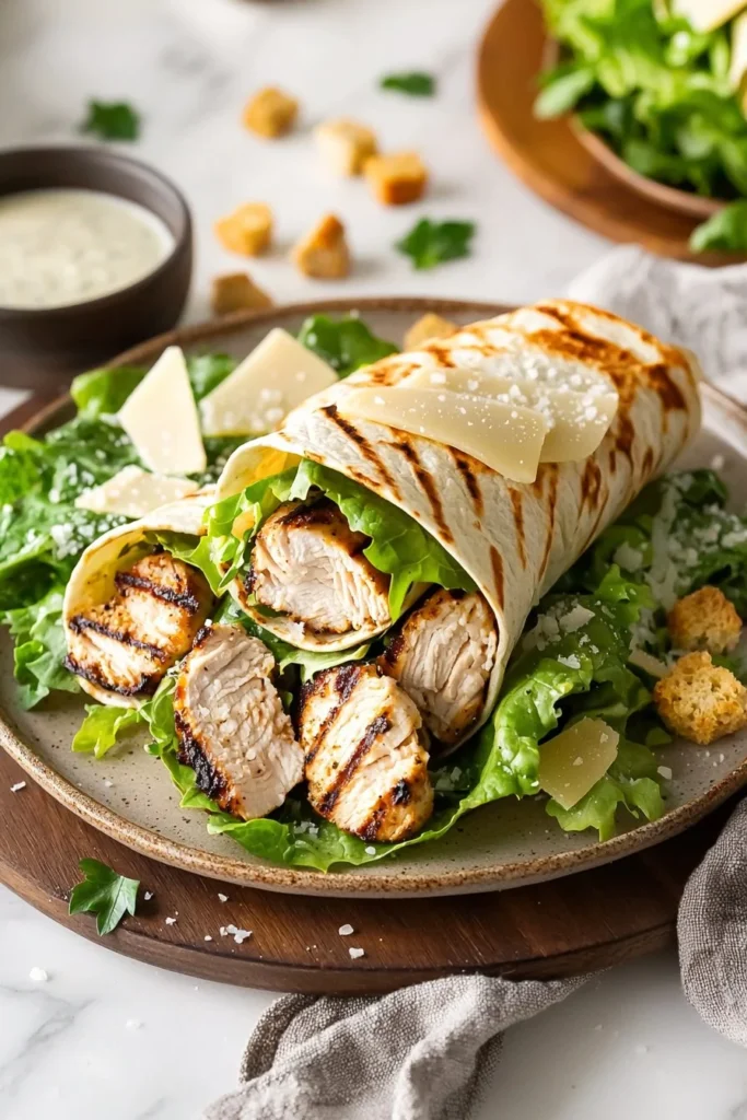 Chicken Caesar Wrap with grilled chicken, lettuce, and Caesar dressing in a tortilla