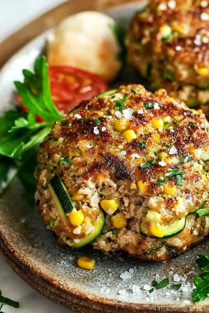 Grilled chicken burgers with zucchini and fresh corn on a platter