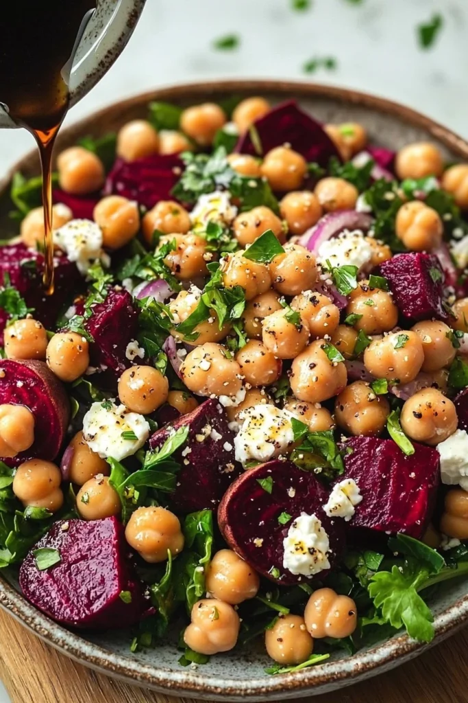 Chickpea Beet Feta Salad with fresh ingredients in a bowl
