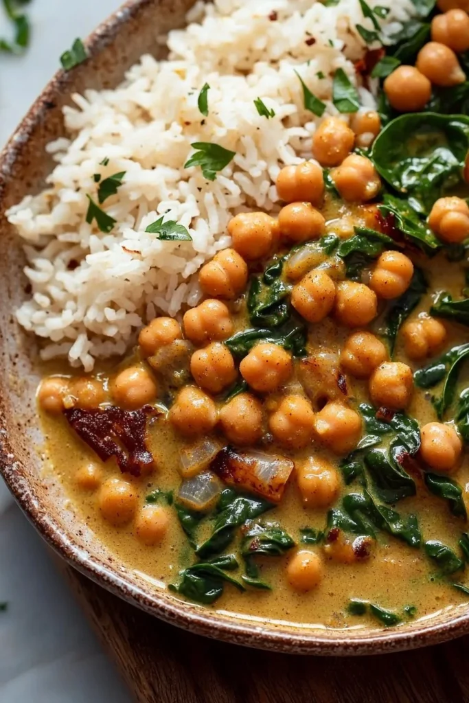 Chickpea curry with spinach served over rice in a bowl.