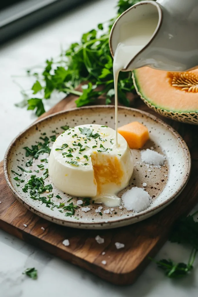 Chilled cantaloupe panna cotta served in elegant glasses garnished with mint.