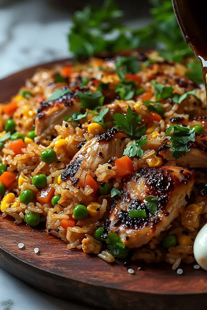 Delicious plate of Chinese chicken fried rice garnished with vegetables