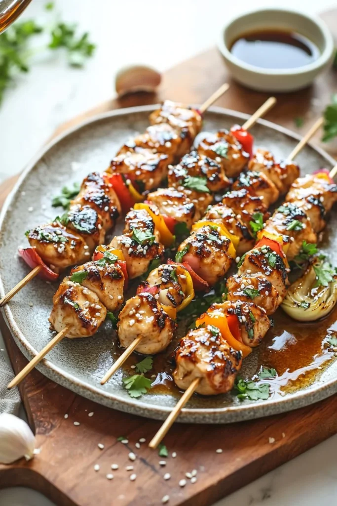 Plate of flavorful Chinese chicken skewers ready for grilling