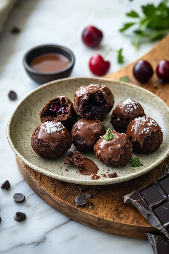 Delicious Chocolate Cherry Brownie Truffles on a plate