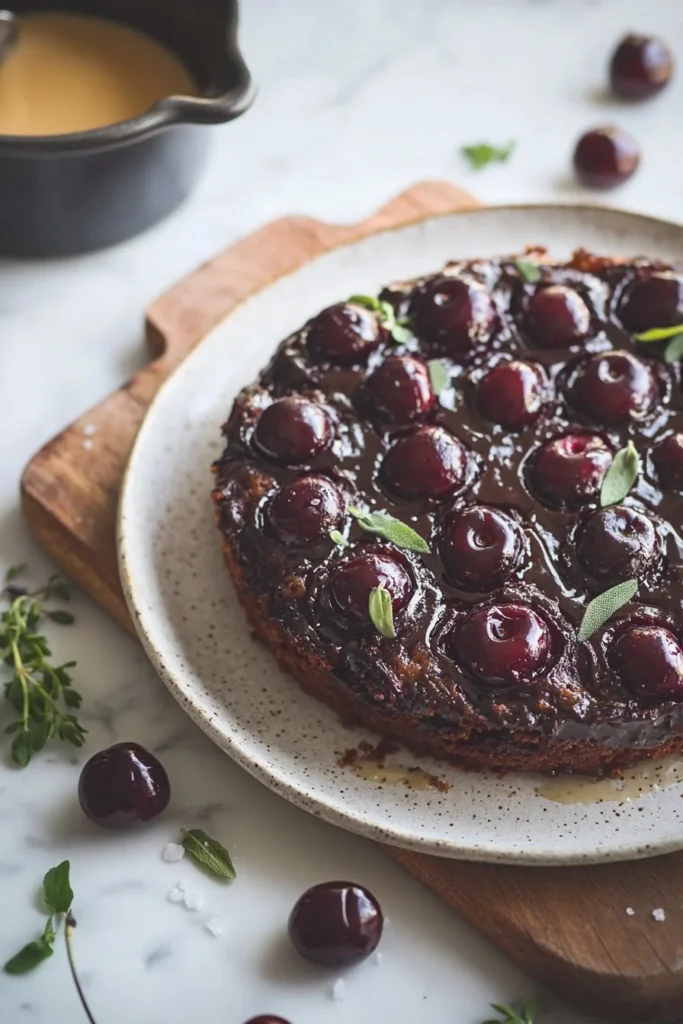 Delicious Chocolate Cherry Upside-Down Cake served on a plate