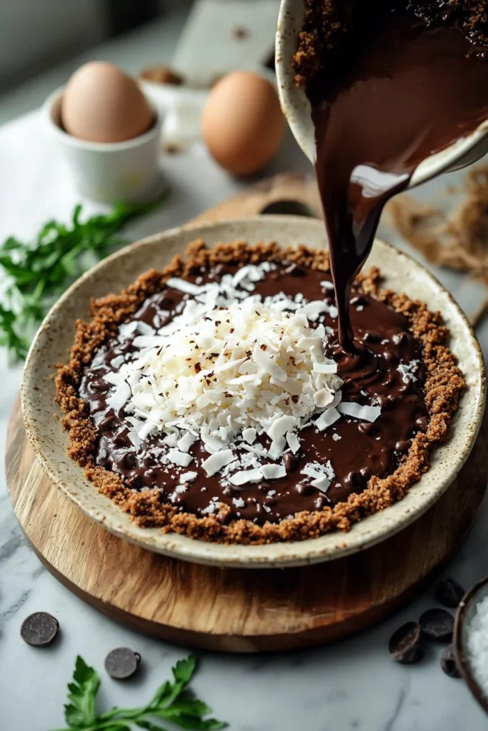 Delicious slice of chocolate coconut pie topped with shredded coconut