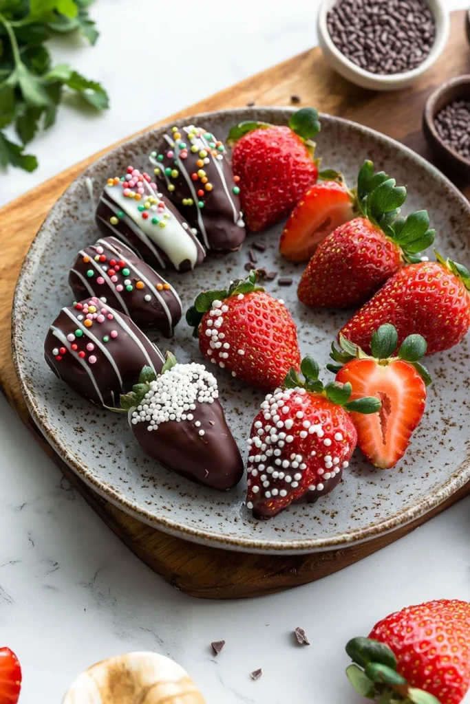 Delicious chocolate-covered strawberries arranged elegantly on a plate.
