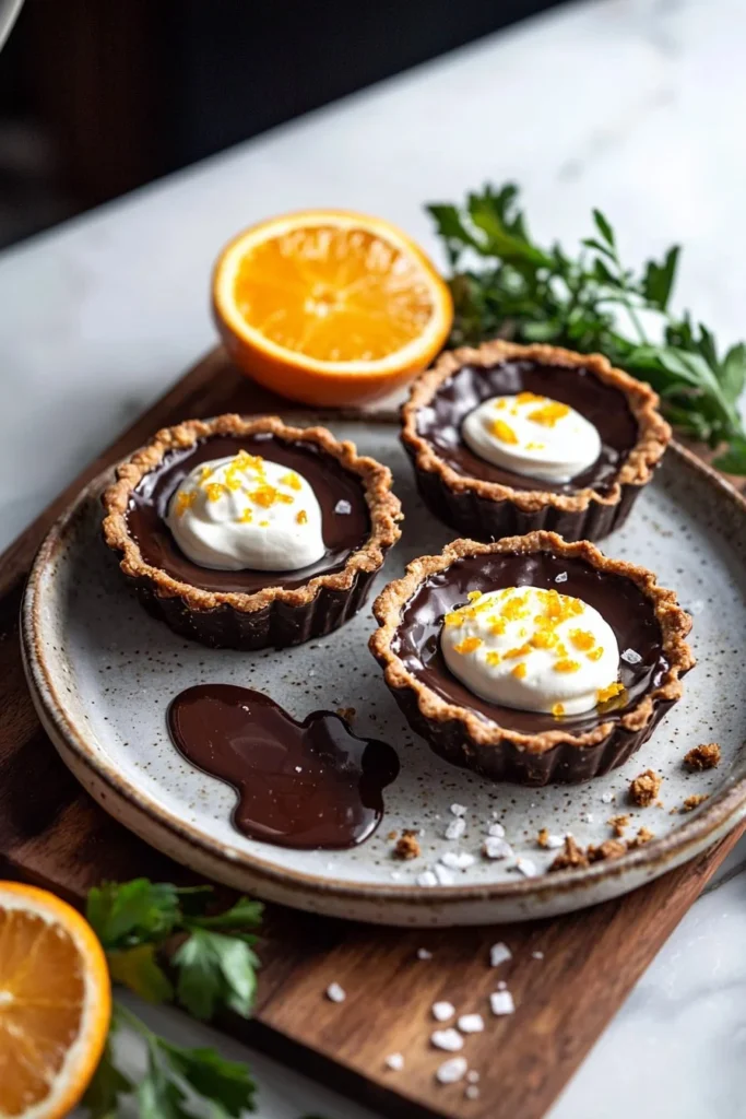 Decadent Chocolate Orange Tarts topped with orange zest and chocolate drizzle.