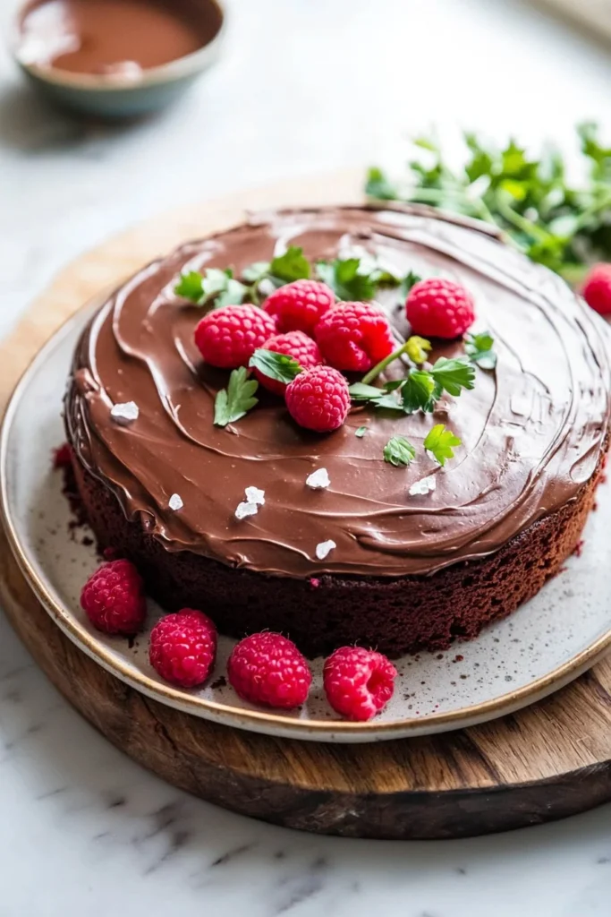 Delicious slice of Chocolate Raspberry Cake topped with fresh raspberries