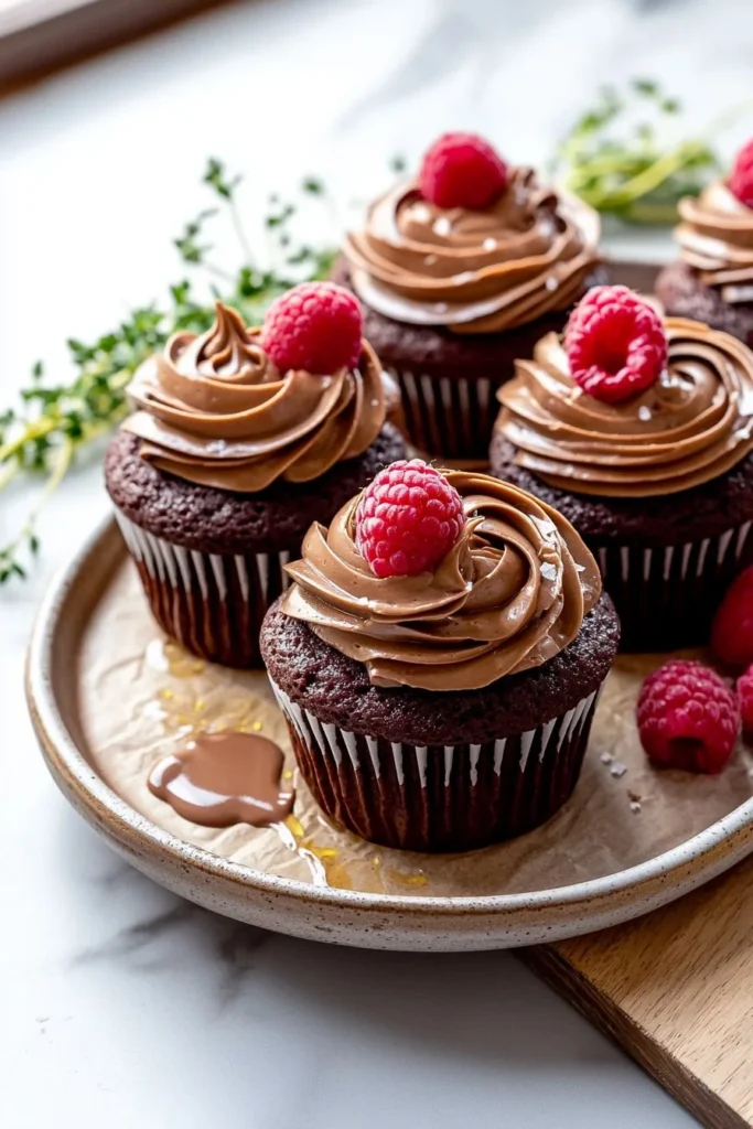Delicious Chocolate Raspberry Cupcakes topped with fresh raspberries and chocolate frosting.