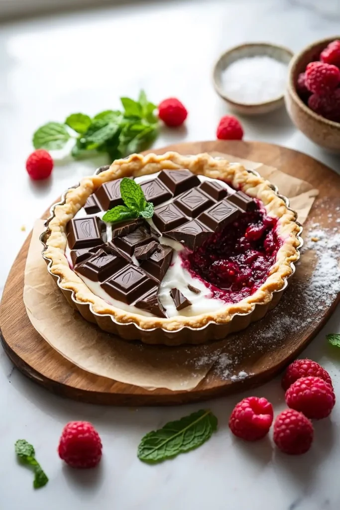 Delicious Chocolate Raspberry Tart with fresh raspberries on top