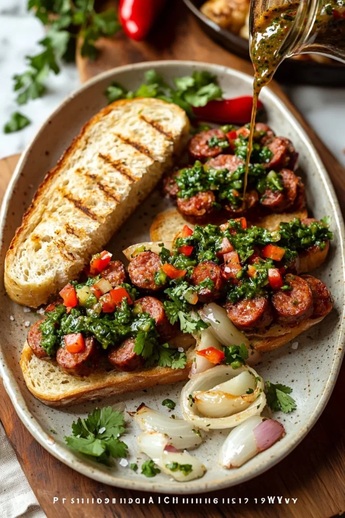 Delicious Choripán served with chimichurri sauce and fresh toppings