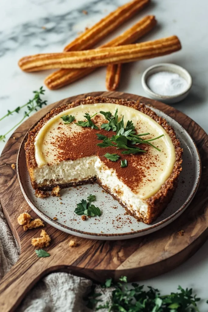 Delicious Churro Cheesecake with cinnamon sugar topping and creamy filling