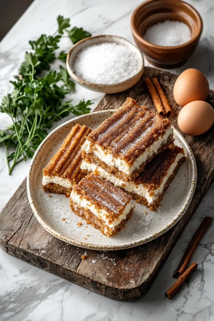 A delicious slice of Churro Cheesecake Bars topped with cinnamon sugar