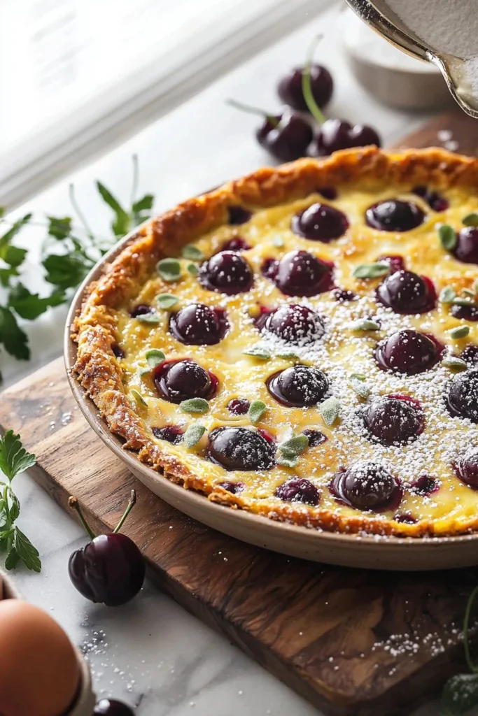 Classic Cherry Clafoutis dessert featuring fresh cherries in a baked custard base.
