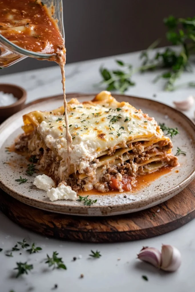 Delicious classic lasagna with layers of pasta, meat sauce, and cheese