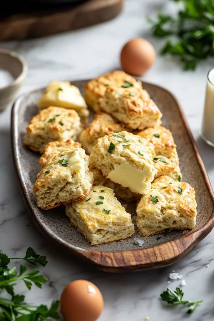 Freshly baked classic plain scones on a serving plate.