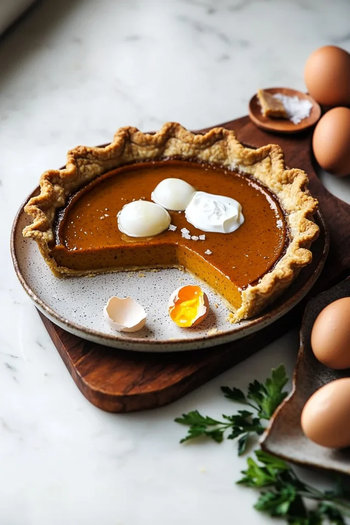 Slice of classic pumpkin pie with whipped cream on a decorative plate