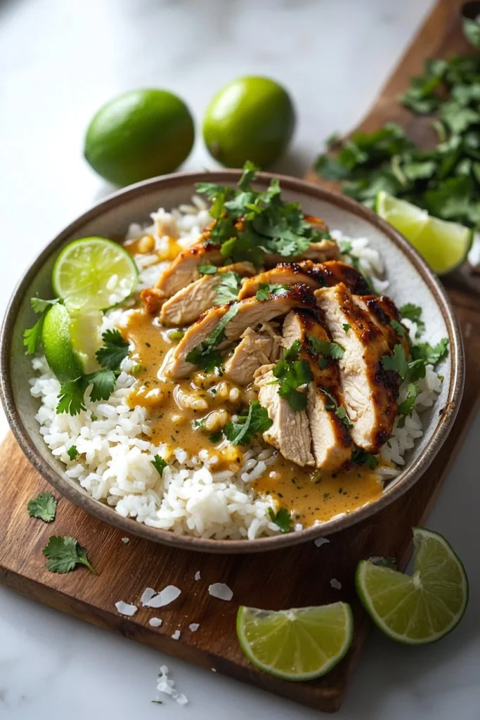 Delicious Coconut Chicken Rice Bowl with chicken, coconut rice, and fresh toppings