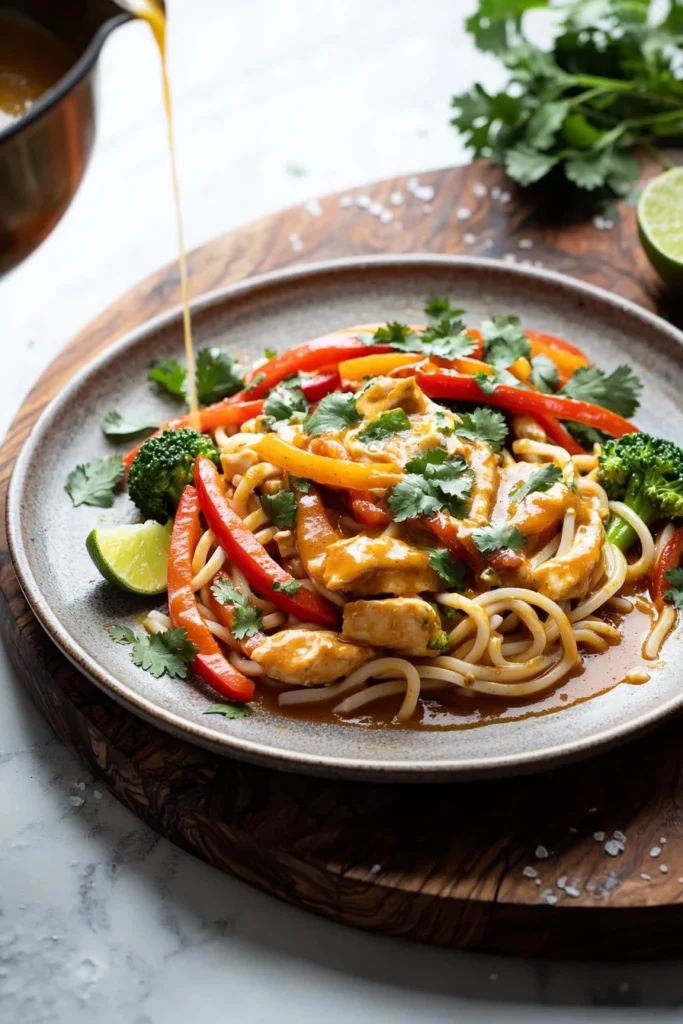 Bowl of Coconut Red Curry Chicken Udon with fresh vegetables and herbs