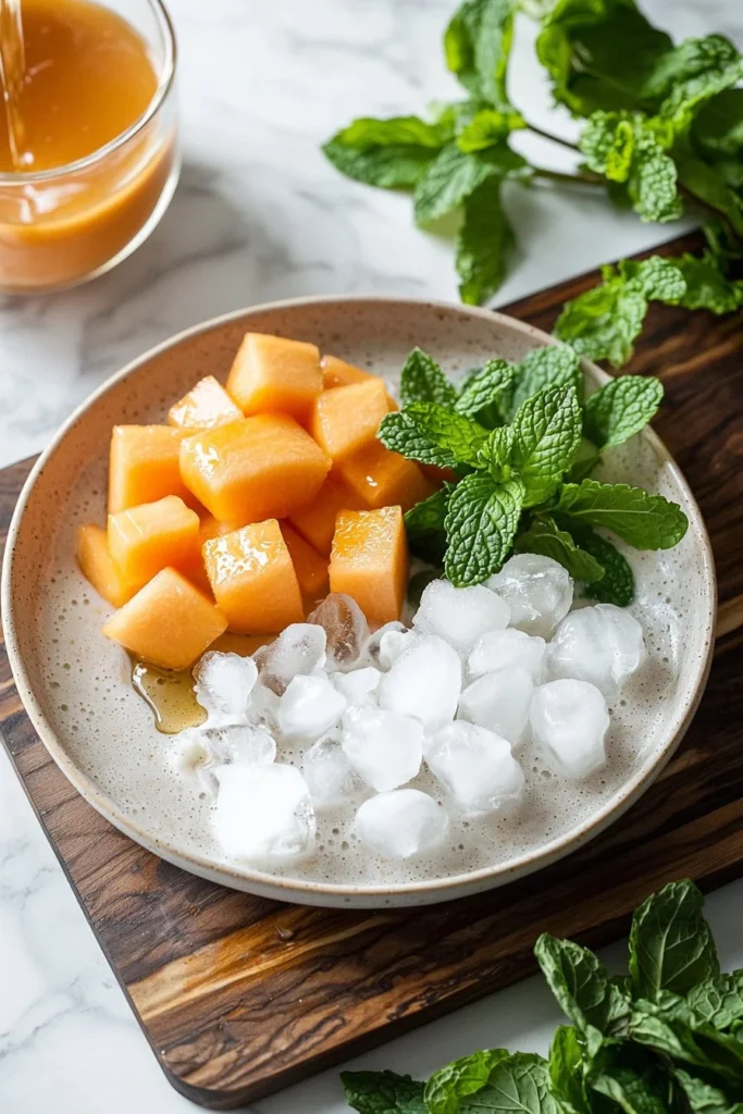 Refreshing Cooling Cantaloupe Smoothie in a glass with fresh fruit