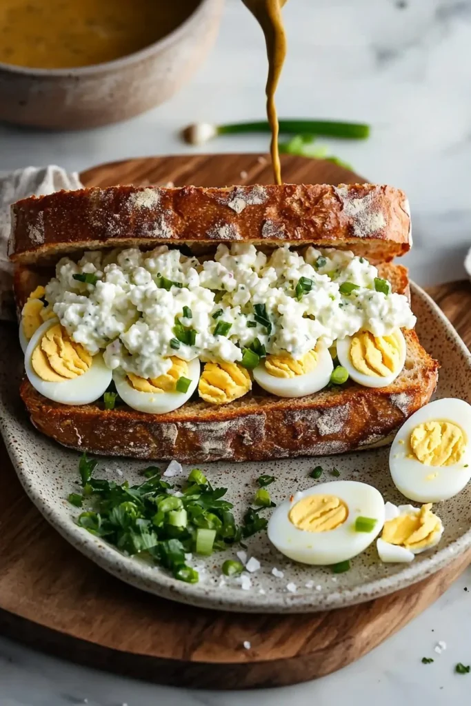Cottage Cheese Egg Salad Sandwich served on whole grain bread