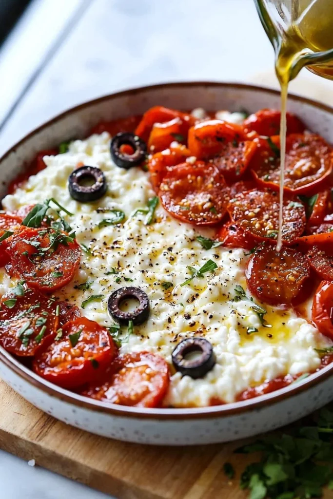 Healthy cottage cheese pizza bowl topped with fresh vegetables and spices.