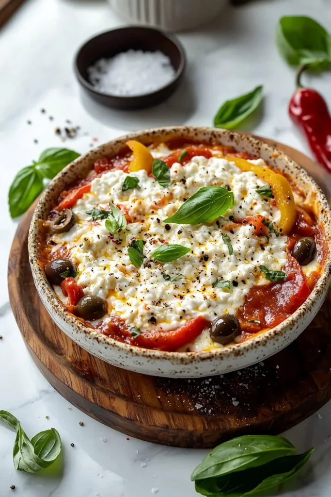 Cottage Cheese Pizza Bowl topped with vegetables and cheese