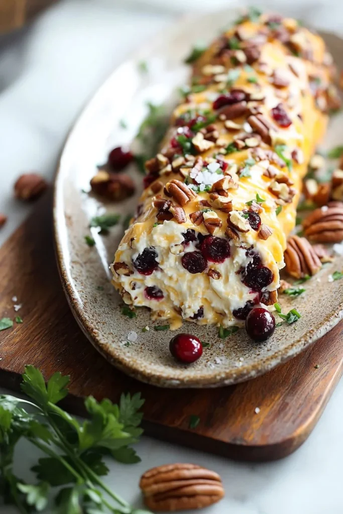 Cranberry pecan cheese log served on a wooden platter with herbs.