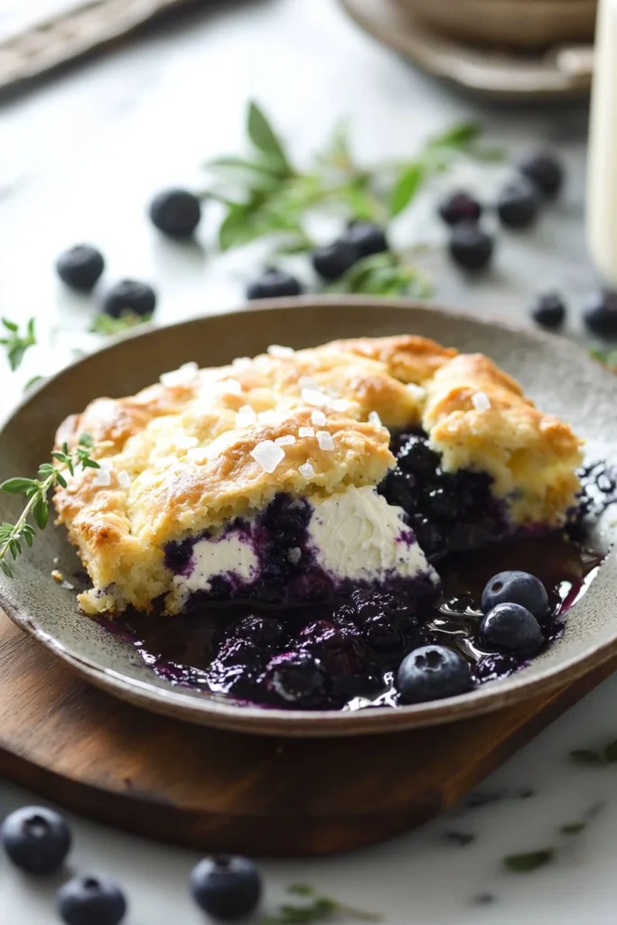 Delicious cream cheese blueberry cobbler served in a rustic dish