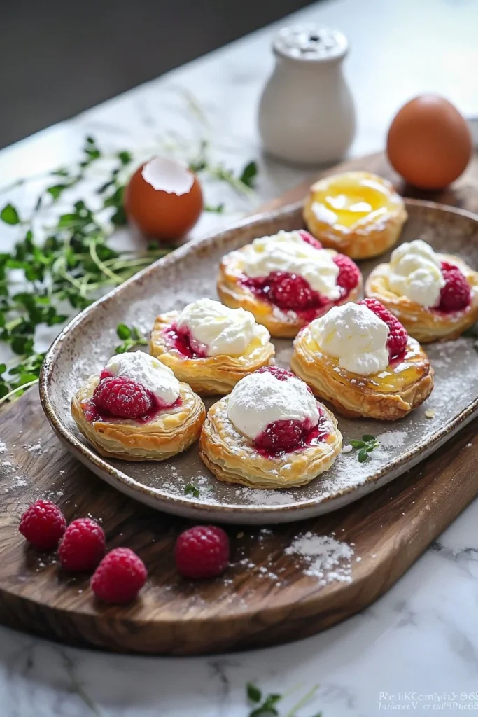 Plate of cream cheese raspberry bites with a drizzle of icing