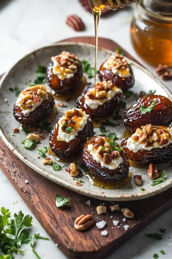 Cream cheese stuffed dates, sweet and savory appetizer with a creamy filling