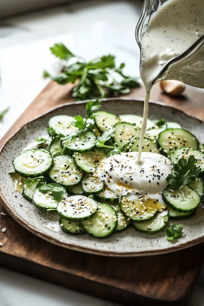 Creamy Asian cucumber salad with fresh vegetables and rich dressing