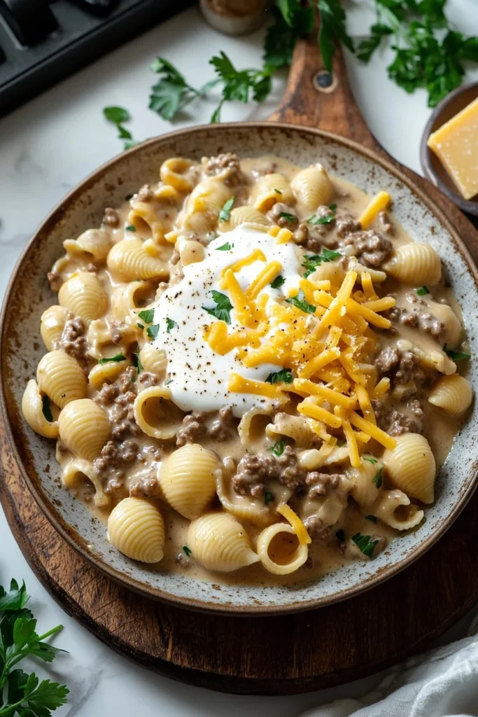 Delicious creamy beef and shells served in a bowl
