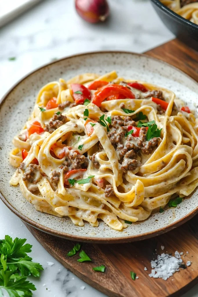 Creamy Cajun Beef Pasta with spices and rich sauce served in a bowl