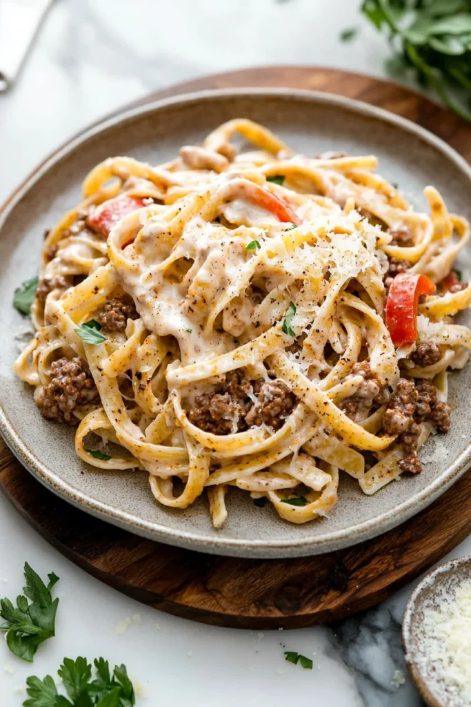 Creamy Cajun beef pasta dish garnished with parsley in a bowl