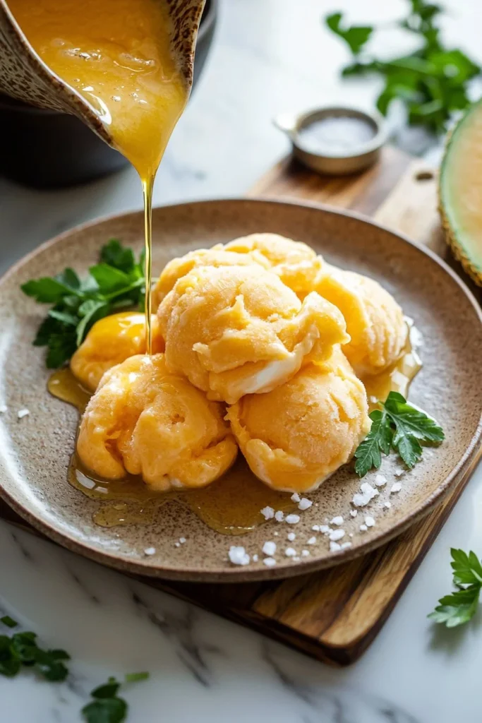 Creamy cantaloupe frozen yogurt served in a bowl with fresh fruit